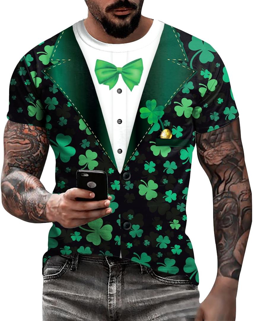 Eciodci Men's St Patricks Day T-Shirts Novelty 3D Printed Shamrock Tuxedo Tees Shirt Clover Leaves Casual Short Sleeve Shirts (XX-Large, Green 7)