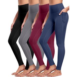 NORMOV 4 Packs Yoga Leggings with Pockets for Women, Soft High Waisted Tummy Control Workout Pants (Medium, 4packs(black,dark Gray,burgundy,navy))