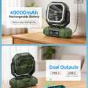 Portable Camping Fan 40000mAh Battery Powered, Rechargeable Camping Fan with Remote & LED Light, 4 Speed Strong Airflow & 3 Colors Light for Desk/Outdoor/Tent/Camping/Fishing, Army Green