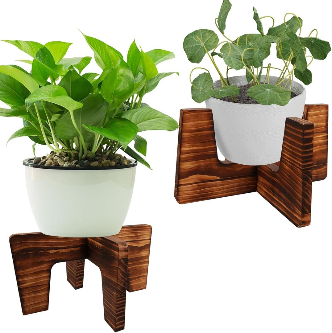 Plant Stand Indoor, Short Plants Holder for 5-15 Inch Pot, Brown Wooden Flower Pot Stand for Indoor Plants, Small Single Floor Plant Stand, Wood, 2 PCS