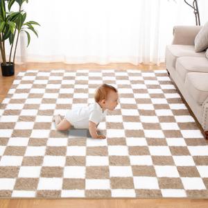 Super Soft Rug for Bedroom, 5x7 Ft Beige and White Area Rug Classic Checkered Shaggy Rug Anti-Skid High Pile Soft Fluffy Fuzzy Carpet for Living Room Bedroom Kids Room Nursery, Dorm Home Decor