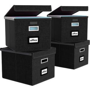 Huolewa New Portable File Organizer Boxes Set of 4, Collapsible Linen Hanging Filing Storage Boxes with Plastic Slide, Decorative Home/Office Filing System for File and Folders Storage (Black)