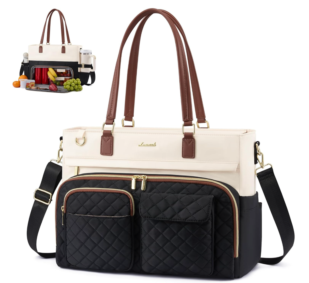 LOVEVOOK Insulated Lunch Tote Bag for Women, Large Capacity Work Bag with Large Cup Holder, Teacher Nurse Tote with Multi Pockets, Water Resistant Laptop Bag for Travel, College, Daily, 17.3 Inch