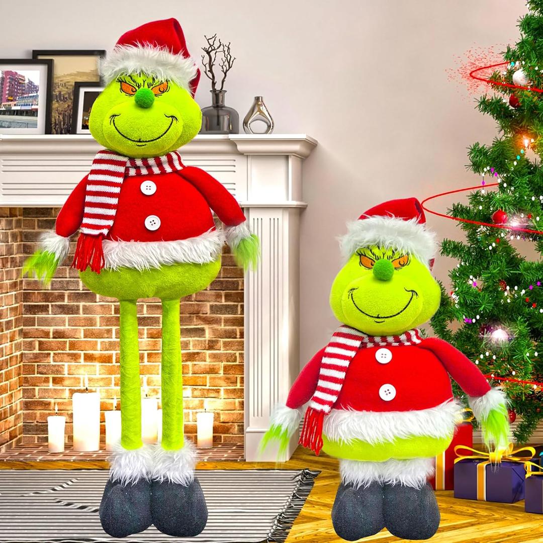 ONIBOGO 30Inch Large Christmas Standing Green Monster Figurine Extendable Christmas Plush Doll with Telescopic Legs Decorations Tabletop Fireplace Ornament Decor for Xmas Holiday Party Gift