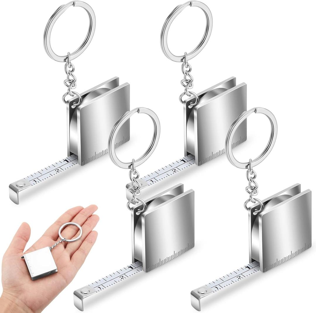 Quelay 4 Pcs Mini Measuring Tape Metal Keychain Tape Measure up to 47.24 Inches Small Retractable Measure Keychain (Silver)