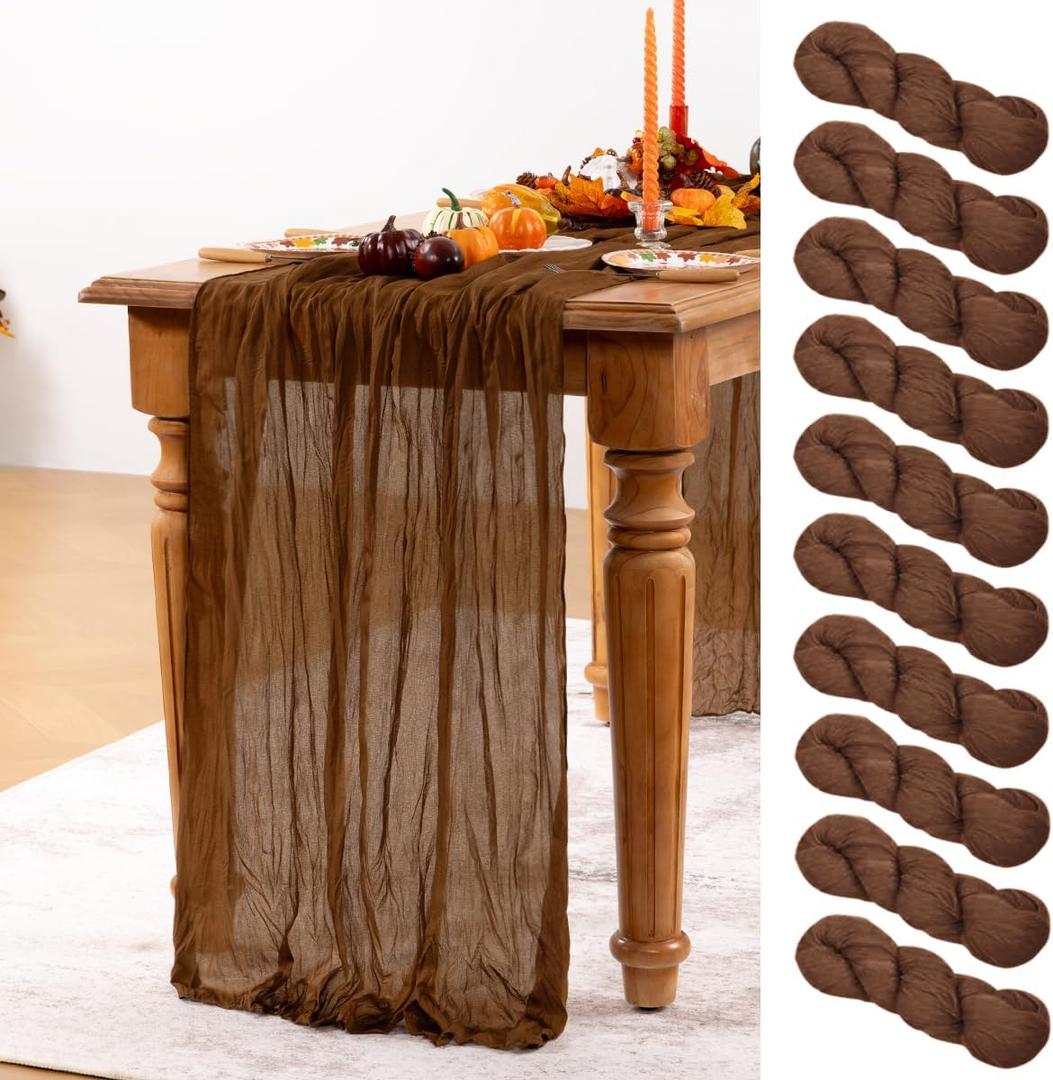 Brown Cheesecloth Table Runner 10 Pack Spring Table Runners Boho Gauze 120 Inches Marron Cheese Cloth Table Decor for Wedding Bridal Baby Shower Valentine's Day