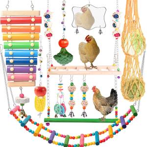 Chicken Toys for Coop 12PCS Set, KAKUNM Chicken Enrichment Toys, Including Xylophone, Swing Set, Mirror Toy, Flexible Ladder, Vegetable String Bag and Hanging Feeder, Coop Accessories for Hens