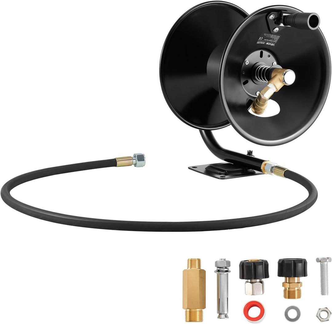 VEVOR Pressure Washer Hose Reel, 50 ft x 3/8 inch Heavy-Duty Steel Bracket-Mounted Pressure Hose Reel, Wall/Floor/Truck Mount, 4000PSI Max, Manual Power Hand Crank for Car/Floor Washing,Garden