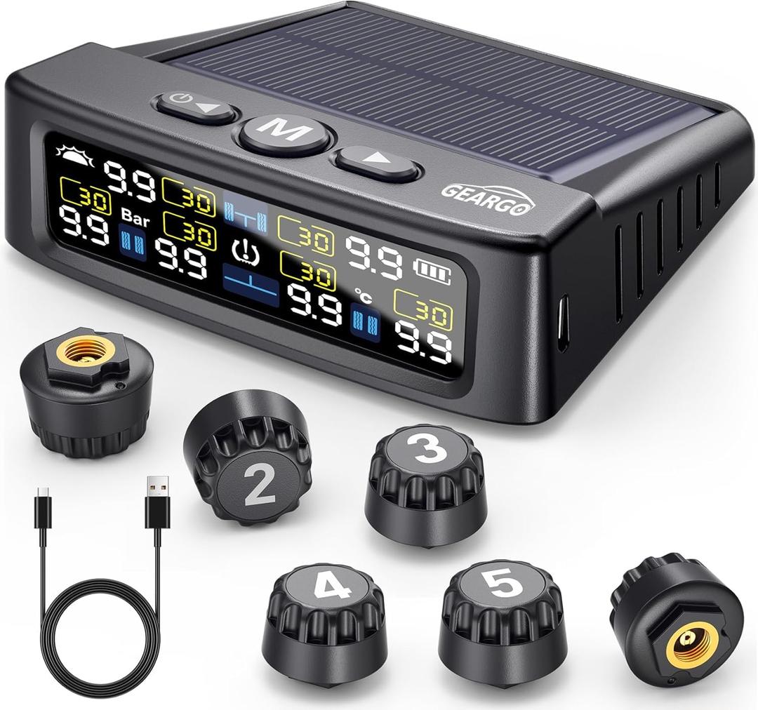 GEARGO Tire Pressure Monitoring System, Real-time Solar Wireless TPMS with 6 Tire Pressure Sensor, Digital LCD Display, Auto Security Alarm for RV SUV MPV Truck Sedan