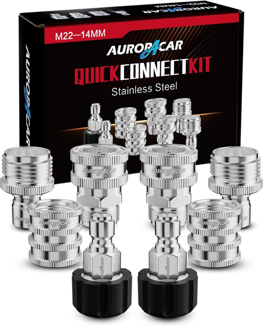 AURORA CAR Pressure Washer Quick Connect Kit, Stainless Steel Pressure Washer Adapter Set, M22-14mm Swivel to 3/8" Quick Connect Fittings, 3/4 Inch Hose Fittings, 8 Pack