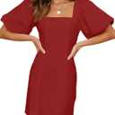 Misng Women's Square Neck Short Puff Sleeves Mini Dresses Stretch Slim Casual Dress with Zipper Red (Red, XS)