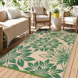 TUKDAK Waterproof Outdoor Rugs 4x6, Green Outdoor Plastic Straw Rug Double-Sided, Fade Resistant Patio Rug, Easy Cleaning RV Camping Mats Outside Carpet Portable for Balcony Porch Garden Deck Picnic