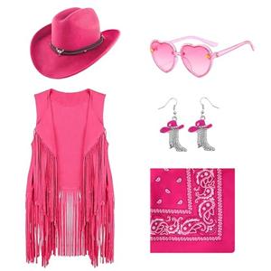 Dwieey Cowgirl Outfits for Girls Kids 6 Pcs Western Costume Accessories Cowboy Hat Fringe Vest Earring for Halloween 11-12 T XL