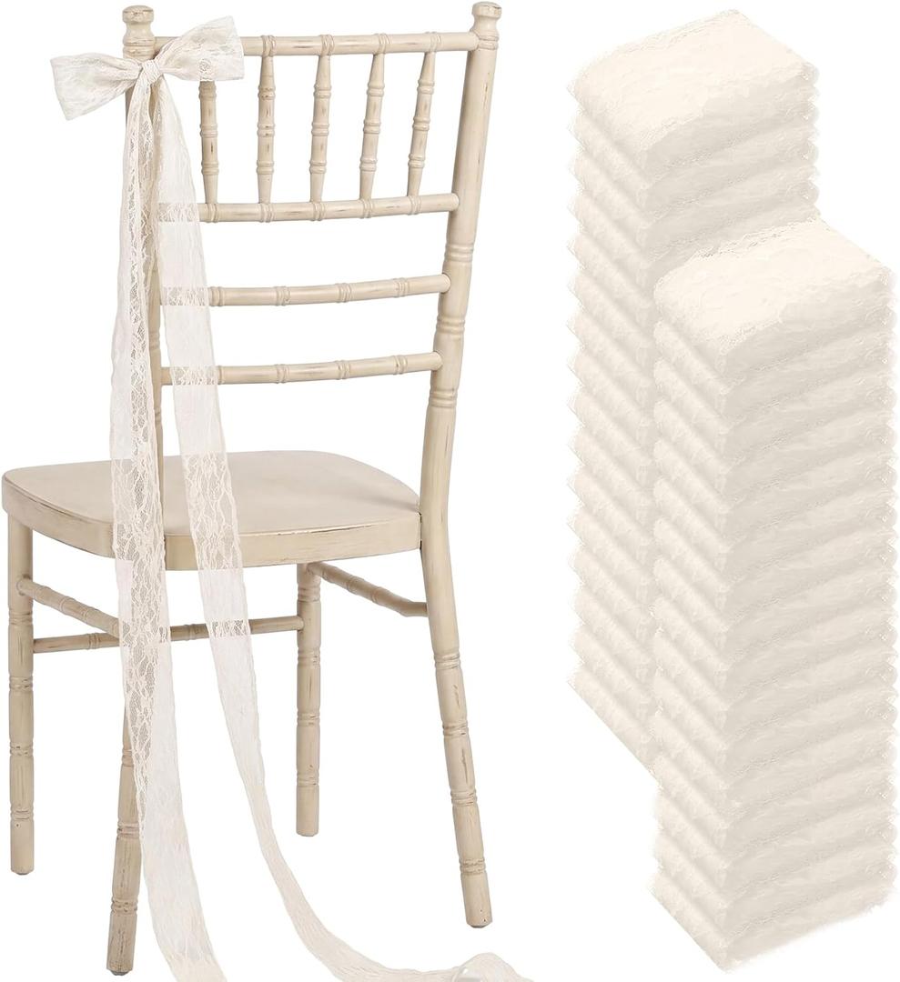 24 Pcs Lace Chair Sashes for Wedding Aisle Decorations Chair Bow Ribbons for Wedding Ceremony Bridal Shower Baby Shower Reception Party Banquet Ceremony Church Pew Decors (Ivory White)