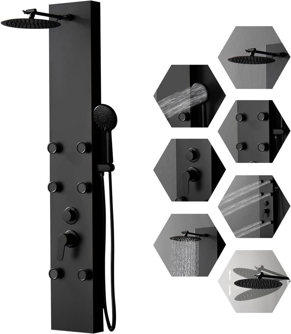 BWE 3 in1 Shower Panel Tower System Stainless Steel Multi-Function Shower Panel with 6 Body Massage Spray and Handheld Shower for Home Hotel Resort Split Type