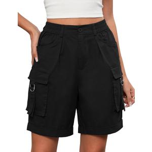 Bermuda Shorts for Women Cargo Cotton Shorts High Waist Knee Length 6 Pockets 2025 Summer Casual (X-Large, Black)