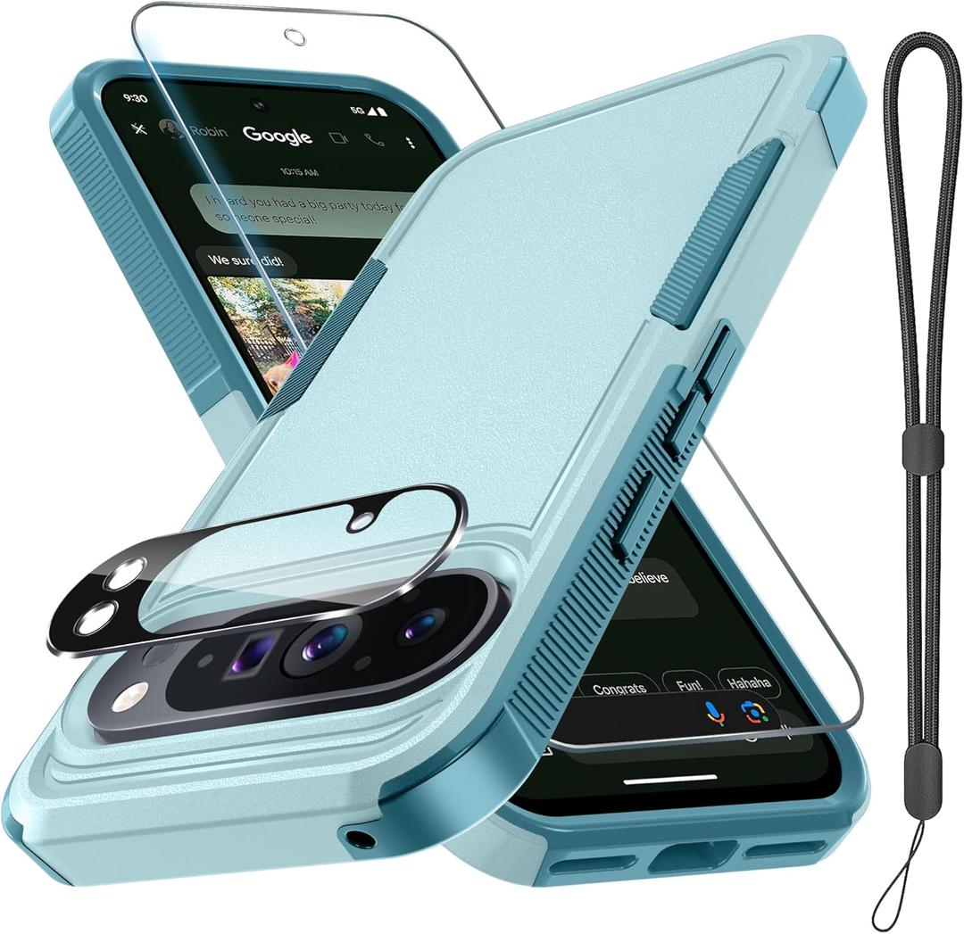 for Google Pixel 10 Pro XL Case with Wrist Lanyard Strap+Tempered Glass Screen Protector+Camera Lens Cover,Full Body Heavy Duty Rugged Shockproof Protective Phone Cover,Mint Green
