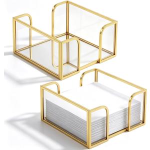LemonRoad 2 Pcs Square Gold Napkin Holder for Table 4.7 x 4.7 Inch Decorative Cocktail Napkin Holder Glass Flat Paper Basket for Kitchen Dining Buffet Bar Counter Wedding Party Restaurant Bar Hotel