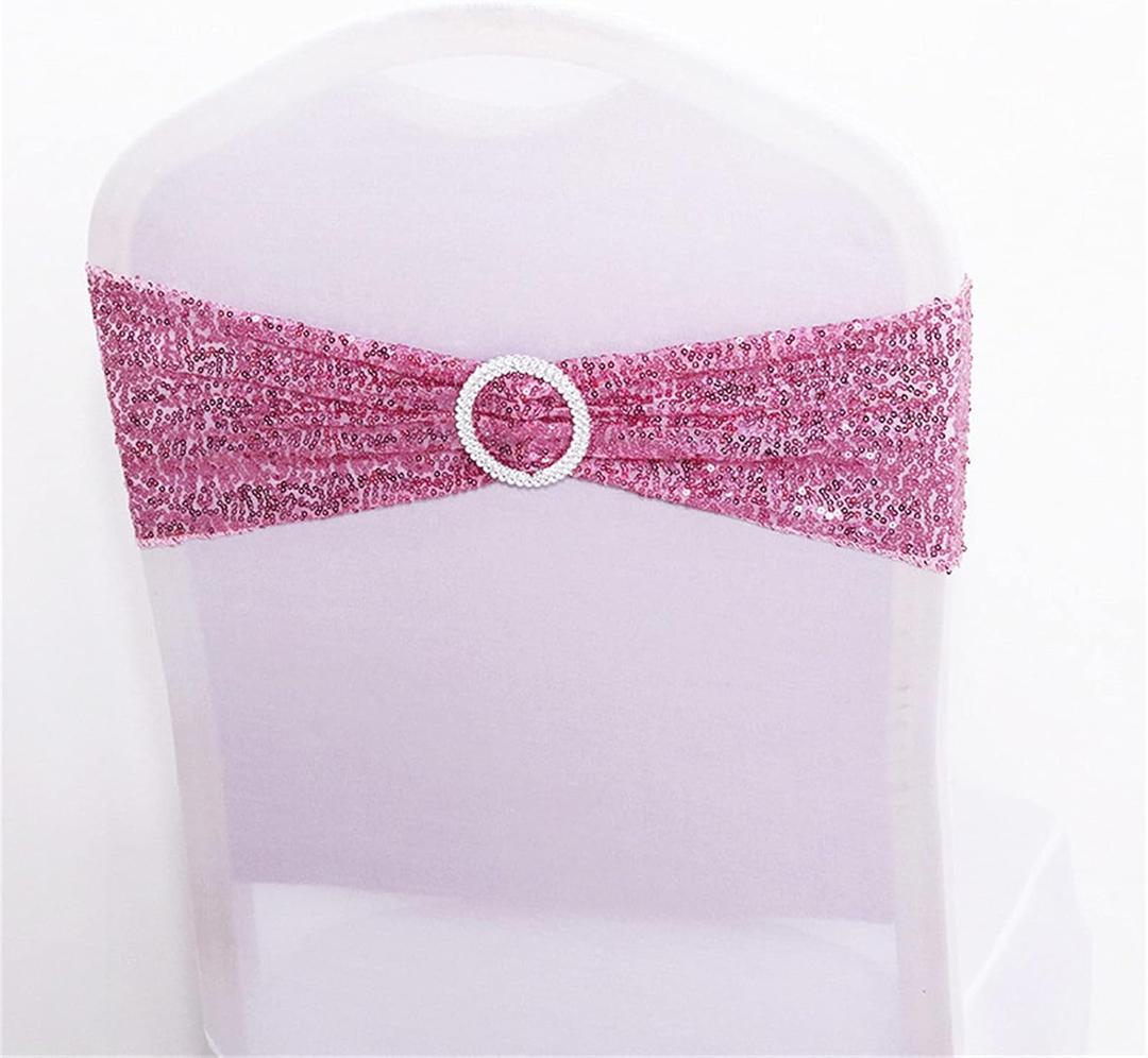 25 PCS Stretch Sequin Chair Sashes Chair Stretchy Spandex Bands for Wedding Reception Events Banquets Chairs Decoration (Pink)