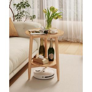 Round End Table,Solid Wood Small Round Table with Lower Shelf,Round Side TableNightstand for Small Spaces,Living Room,Bedroom(Natural)
