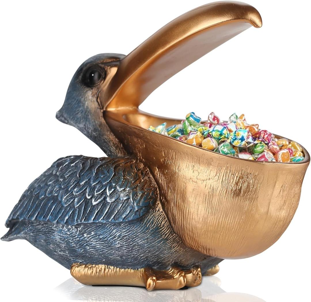 Pelican Key Holder Statues,Fun Animal Hippo Candy Dish,Candy Dish for Office Desk Unique,Modern Key Holder for Pelican Figurine,Suitability Desk Candy Dish and Entry Table Decor Items(Gold1) (Golden Blue)