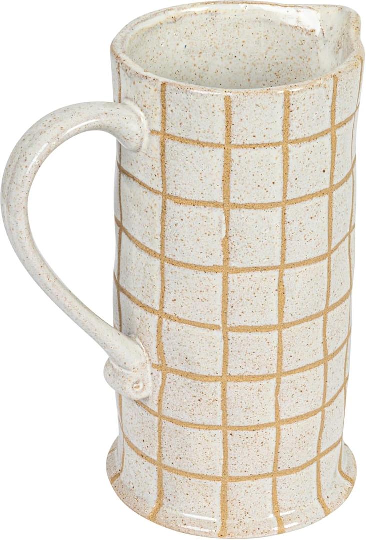 Bloomingville 8.5 Inches 46-Ounce Stoneware Pitcher with Wax Relief Grid Pattern in Reactive Glaze, Cream and Brown