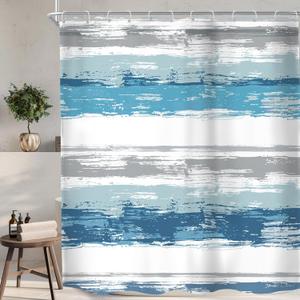 KOMLLEX Abstract Blue Shower Curtain for Bathroom Decor 72Wx72H Inches Minimalist Geometric Modern Teal Grey Striped Simple Watercolor Painting Fabric Waterproof Polyester 12 Pack Hooks