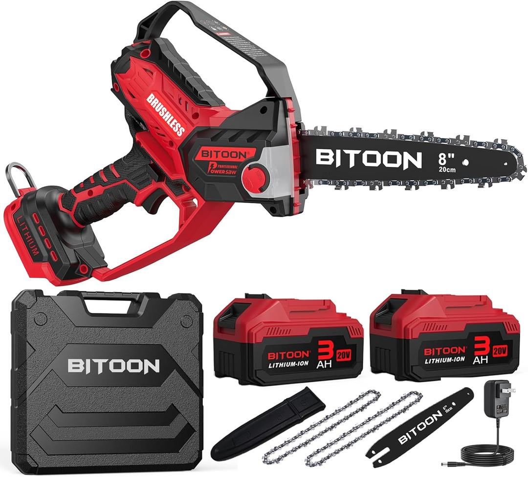 BITOON 8-Inch Mini Chainsaw with 2PCS 3.0Ah Battery and Charger, Auto-Oiler, Brushless Cordless 8-Inch and 6-Inch 2-in-1 Pruning Chain Saw, Portable Electric Chainsaw for Cutting Wood, Branches Red