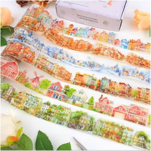 6 Rolls Nordic Town Seasons Houses Series Stickers Transparent PET Tape for Journaling, Decorative Tape Set for Scrapbooking, Junk Journal Supplies, Collage, DIY Crafts Arts