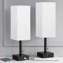 aooshine Bedside Table Lamps Set of 2 - Small Bedroom Lamps with 3 Color Temperatures (3000K/5000K/4000K), Square Nightstand Lamp with USB C + A Charging Ports, Pull Chain Night Light,  (White & Black)