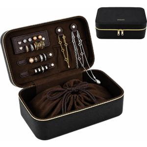 Travel Jewelry Organizer Case for Women Girls, Small Portable Jewelry Box with Compartments, Drawstring Pouch, Waterproof PU Leather Storage for Rings Earrings Necklace Bracelet, Mom Wife Gift – Black