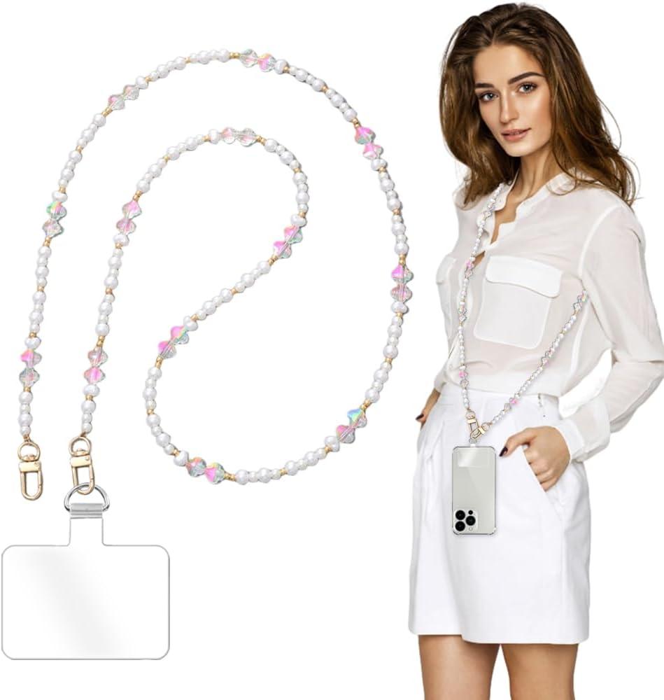 Phone Chain Crossbody Pearl Strap,Pearl Beaded Chain Shoulder Crossbody Lanyard with Phone Tether Patches Compatible with Most Phones Bag Purse (F)