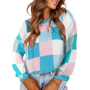 IDEALSANXUN Womens Color Block Cropped Sweater Fall Winter Trendy Cute Long Sleeve Knit Sweater Tops, M