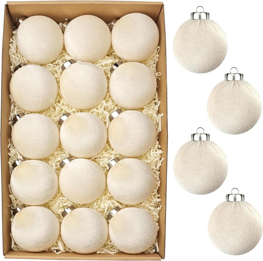 Beige Velvet Christmas Ball Ornaments for Tree 15 PCS, Large Neutral Flocked Christmas Bulbs Ornaments Set 3.15 Inch, Shatterproof Xmas Hanging Baubles Decorations (Beige)