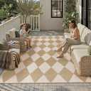WondRg Outdoor Plastic Checkered Rug Waterproof Patio 8x10 Beige Brown Diamond Geometry Mat for Porch Camping RV Balcony Deck Courtyard Reversible Lightweight Durable Portable