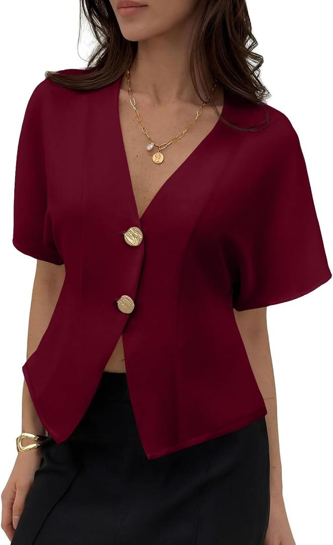 EVALESS Blouses for Women Dressy Casual Summer Button Down Shirts Short Sleeve Business Work Tops,Small