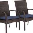 Outdoor Wicker Patio Dining Chairs with Padded Cushions Set of 2: Porch Rattan Chairs Club Chairs with High Back and Deep Seating 350lbs, Brown, 20.2" W x 22.4" D x 35.8" H