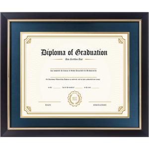 11x14 Diploma Frame with Navy over Gold Mat, 14x17 Certificate Frame, Real Wood with Gold Trim, Black Frame with Arcylic