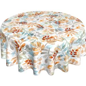 Fall Round Tablecloth Orange Blue Watercolor Eucalyptus Leaf Fall Decorations 70 Inch Table Cloth Polyester Thanksgiving Autumn Harvest Table Cover for Picnic Kitchen Decor Outdoor Indoor