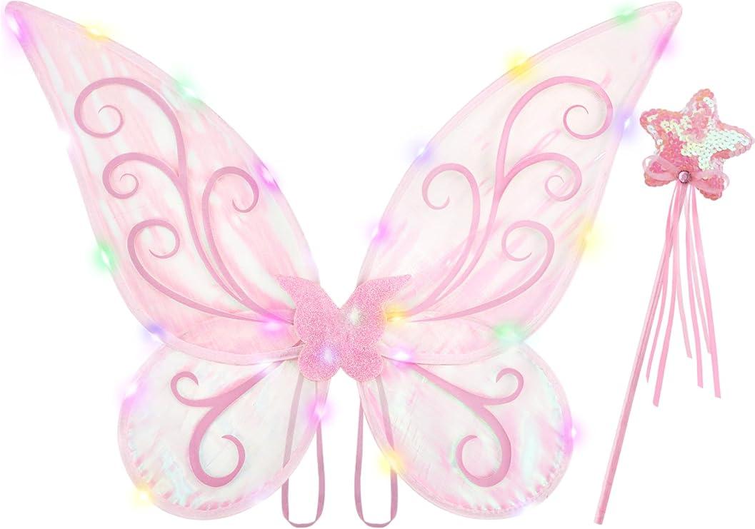 Lainlight Light up Fairy Wings for Girls, LED Butterfly Wings for Girls, Sparkle Fairy Costume Wing with Fairy Wand Cosplay
