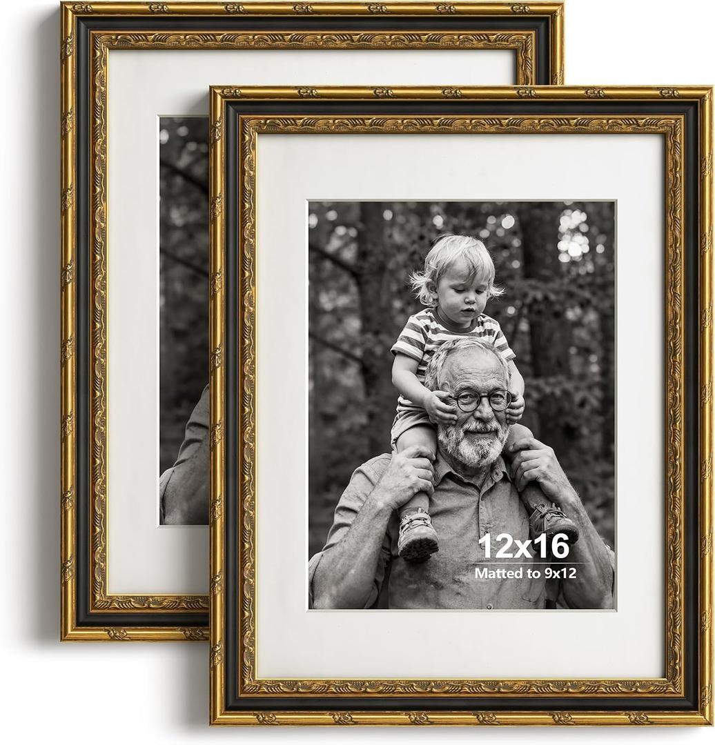 Yaetm 12x16 Gold Picture Frame, Ornate Vintage Black & Gold Frame, 2 Pack