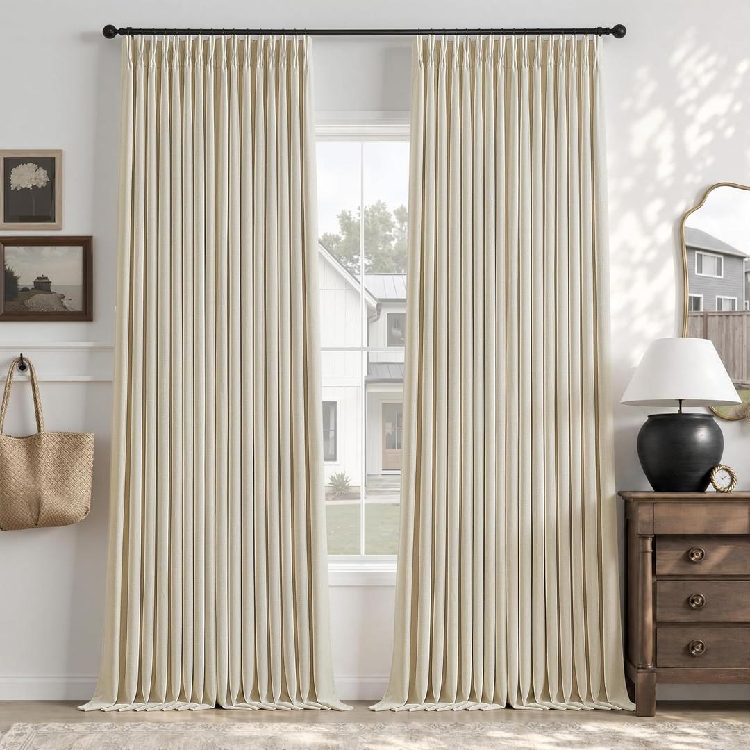 Beige Cream Linen Blackout 96 Inch Curtains for Living Room 2 Panels Set Pinch Pleated Back Tab Drapes Farmhouse Thermal Insulated Full Black Out Curtains 96 Length High Ceiling to Floor 50 Inch Wide