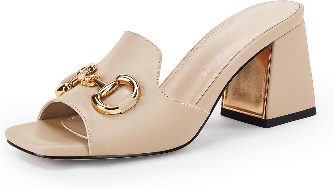 gihubafuil Women's Sandals Peep Toe Slides Chunky Heel Mules Single Band Comfort Slip-on Shoes with Metal Chain for Spring Summer (7, Nude)