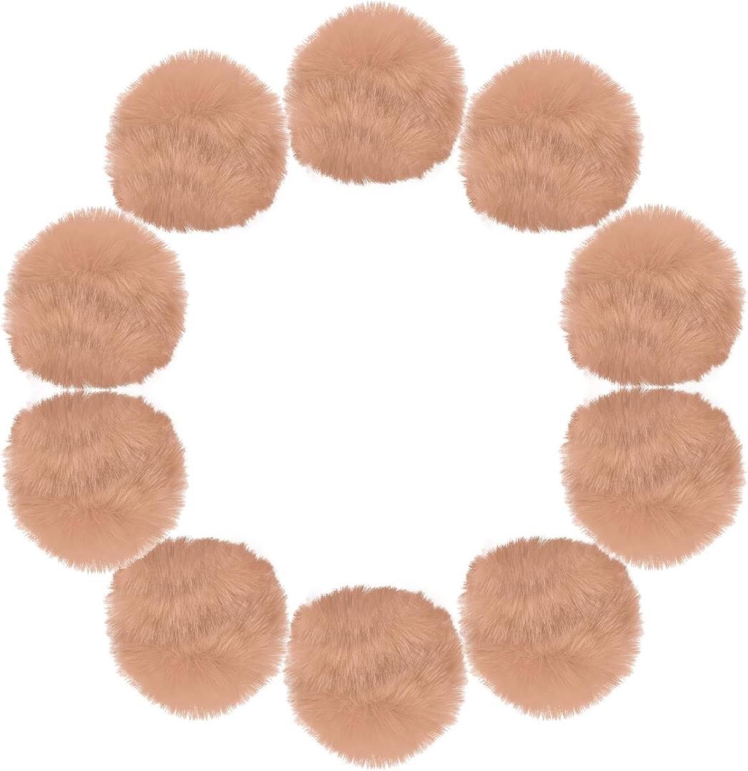 uxcell 3.5 Inch Faux Fur Pom Pom Balls, 10 Pcs Khaki Fluffy Soft Faux Fur Pom Poms for Hats with Elastic Loop for DIY Knitting Hats Keychain Scarves Gloves Bags Shoes Accessories