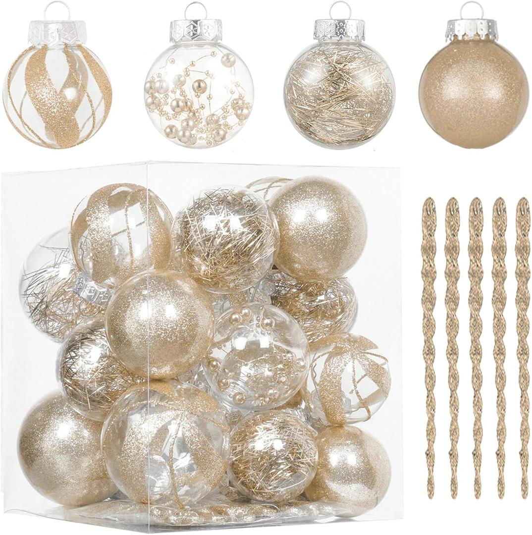 XmasExp 32ct Christmas Ball Ornaments Set -Champagne Clear Plastic Shatterproof Xmas Tree Ball Decorations Hanging Baubles for Holiday Decor (Various Size)