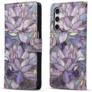 QLTYPRI for Samsung Galaxy A57 5G Wallet Case, Premium Leather Magnetic UV-Printed Artwork Flip Case with RFID Blocking Card Slots Kickstand Protective Phone Cover for Women Girls - Purple Lotus