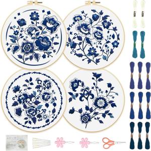 FREEBLOSS 4 Set 12'' Embroidery Kit for Beginners Indigo Flowers Border Pattern Embroidery Kit with Instructions Full Kit of Embroidery Cloth 2 Embroidery Hoops Indigo Blue Series Flosses