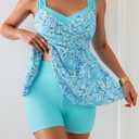 B2prity Tankini Swimsuits for Women Tummy Control Two Piece Modest Bathing Suits Floral Skirt Top with Boyshorts (Teal) M