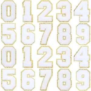 Juinte 20 Pcs 3.15 in Chenille Iron on Numbers Embroidery Patches with Glitter Sequins Sew 0-9 Applique for Team Uniform Sports T-Shirt Football Jeans Bags Decors(White)