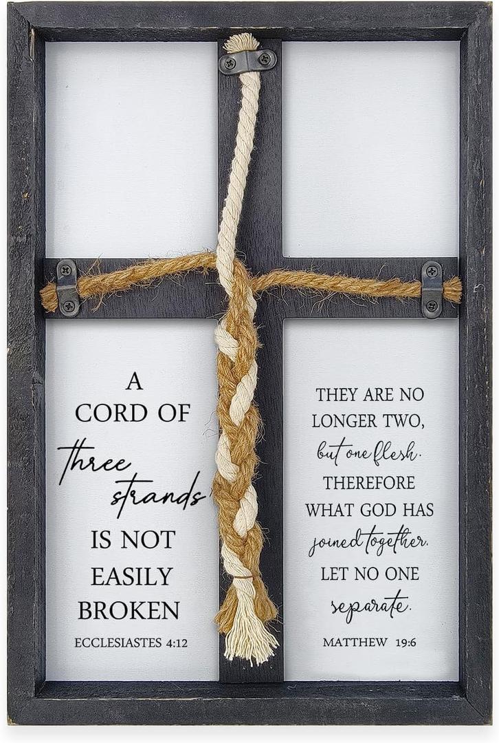 A Cord of Three Strands Wedding Sign Wall Decor 15x10 Inch Christian Marriage Art Wood Framed Braid for Wedding Ceremony Ideas Religious Couple Anniversary Wall Hanging (Black) (15X10Inches, Black)